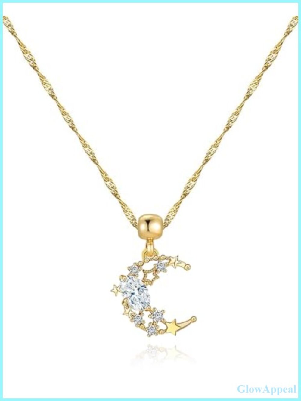 14K Gold Plated Crescent Moon Pendant Necklace Rhinestone Adjustable